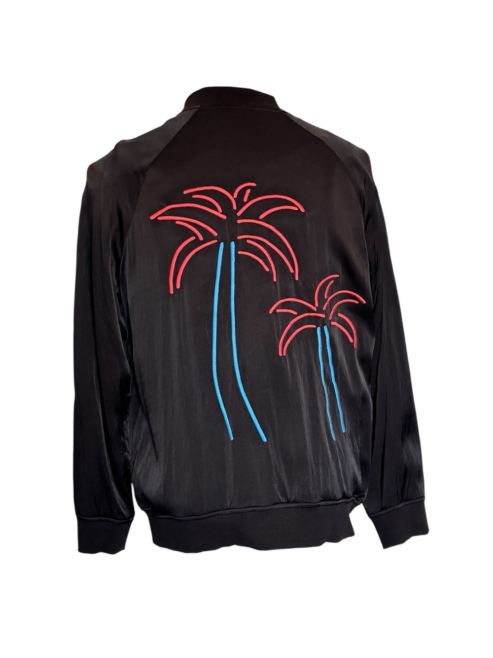 Nana Judy Black Satin Palm Trees Bomber Full Zip Jacket Men’s XL Ribbed Trim